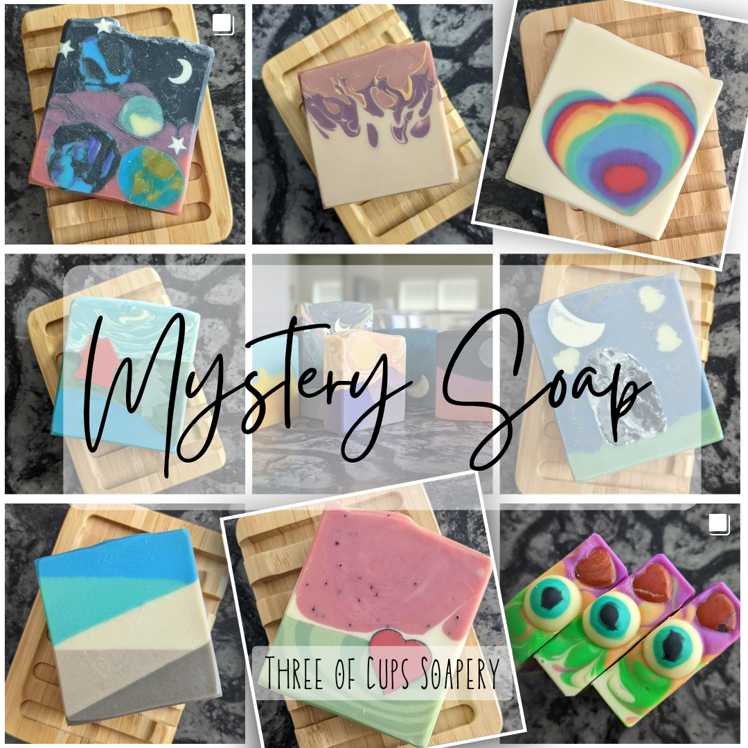 Picture collage of different bars soaps with Mystery soap on top