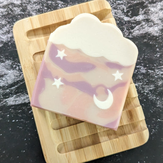 Soap with pink sky, moon, stars, and puffy cloud